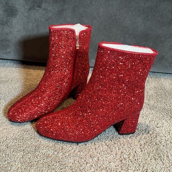 Women’s Red Glitter Covered Sparkly Chunky Heeled Boots Size 7.5 NEW - Picture 3 of 13